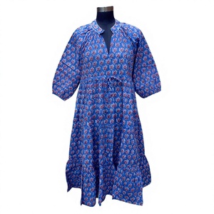 Vestido Casual de Verano para Mujer Talla Grande, Estampado Floral Azul, Manga Abullonada, Corte en A, Sexy, para Club, 100% Algodón, Cuello en V, Largo a Media Pantorrilla - Product Image 1
