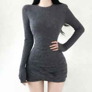 American <b>Vintage</b> Cross Ruched Knit Dress Women Slim Fit Bodycon Solid Color Elegant Midi Dress Casual Basic Outfit - Product Image 5