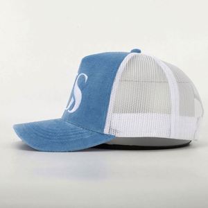 Casquette Trucker OEM Personnalisée de Haute Qualité à 5 Panneaux pour Hommes et Femmes, avec Logo Brodé 3D, en Velours Bleu Ciel et Maille, Fermeture Snapback - Product Image 3