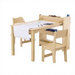 Ensemble table et chaise d'art pour enfants en bois massif avec porte-rouleau de papier, bureau de dessin pour tout-petits avec rangement - Product Image 3