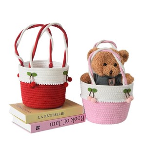 Cherry Handheld <b>Storage</b> Basket Pink Round Woven Basket For Wedding Favor Gift <b>Box</b> <b>Small</b> Size Handmade Craft Basket - Product Image 3