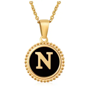 Fashion Stainless Steel Acciaio inox Round Natural Shell Coin Women 18K Gold Plated Letter N Initial Necklace