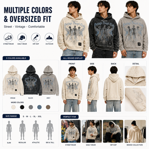 Felpa con Cappuccio Oversize da Uomo, Stampa <span class=keywords><strong>Angelo</strong></span> Effetto Consumato con Strass, in Cotone Pesante, Manica Lunga - Product Image 2