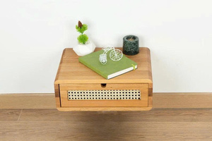 <b>Floating</b> Nightstand with Rattan <b>Drawer</b> Panel Minimalist Bedroom Furniture Single <b>Drawer</b> Storage Design Wholesale - Product Image 3