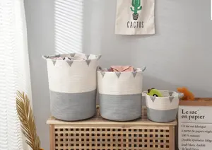 Manufacturer Large Sets Woven Cotton Rope Storage Basket With Handles Home Decorative Round Storage Baskets
