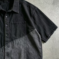 Kemeja Denim Oversize OUNA Pria Lengan Pendek Kancing Depan Hitam Patchwork Raw Hem Katun Custom Streetwear Heavyweight