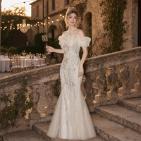 Robe de cocktail sirène ivoire à col montant, en tulle perlé, manches bouffantes, broderie vigne, sequins, longueur ras du sol avec traîne, sur mesure, vente en gros