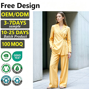 Traje Formal de Dos Piezas Personalizado para Mujer, Blazer de Manga Larga con Cinturón, Pantalones Anchos de Mezcla de Lino - Product Image 1
