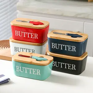 도자기 치즈 버터 용기 골키퍼 버터 상자 대나무 뚜껑 칼로 세라믹 버터 접시