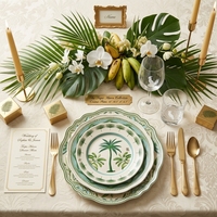Service de vaisselle en céramique à bords ondulés modernes, plantes tropicales, assiettes en porcelaine, assiettes de service de luxe pour hôtel et restaurant, 6/8/10/12 pouces