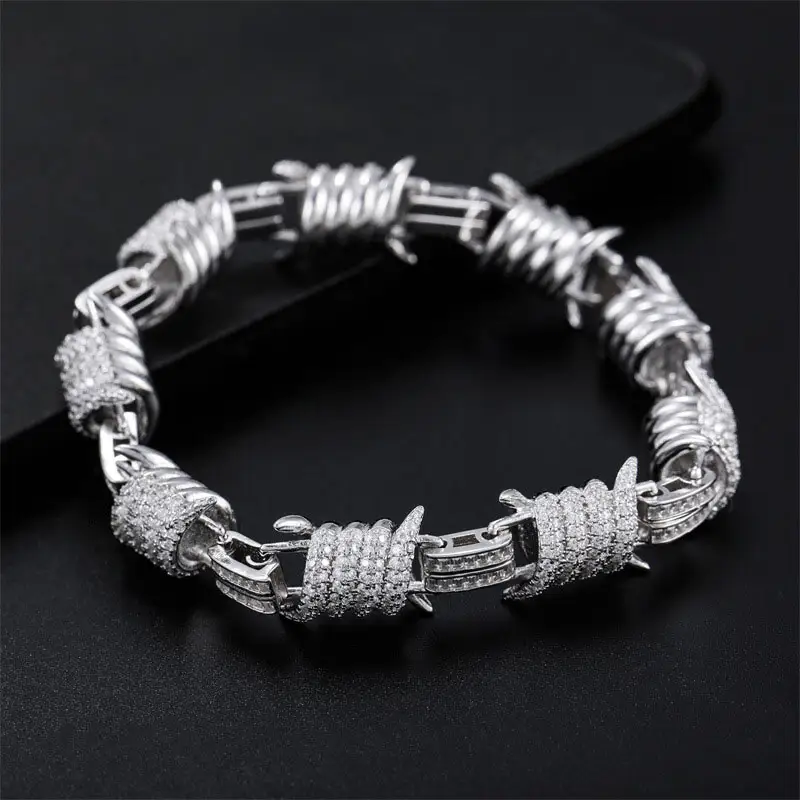 Nuevo Hip Hop 12,3mm Moissanite Cadena cubana 925 Pulsera de cadena cubana de moissanita con incrustaciones de plata