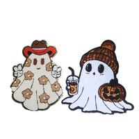 Patchs en chenille brodés thermocollants pour vêtements, motif fantôme et citrouille d'Halloween, design décoratif Boo pour l'automne