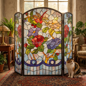 Customized Stained Glass Room Divider 3 Panels Floral Pattern Red Roses Blue Background Freestanding Decorative <b>Screen</b> - Product Image 2