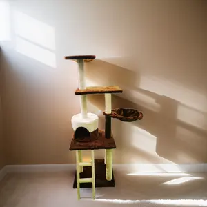 Torre de felpa sostenible de madera multinivel y sisal para gatos, casa de árbol con postes para rascar, escalera de escalada, percha de felpa, juguete colgante