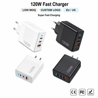 Chargeur mural rapide 120W à 3 ports (2 Type-C, 1 USB) pour téléphone, prise UE/US, logo personnalisé, boîte neutre, vente en gros directe usine