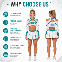 Uniforme de Porristas Personalizado, Blanco y Verde Azulado, con Pedrería, Cuello de Rejilla, Hombros Descubiertos, Espalda en X, Top Corto de Manga Larga y Falda Plisada