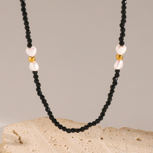 Heart Shape Pearl Necklace Black Crystal Beads Gold Accents Everyday Wear Unisex Jewelry - Product Image 2