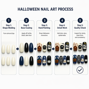 Ongles à presser Halloween, peints à la main, couvrance totale, pré-dessinés, courts à moyens, en acrylique, pour manucure de fête - Product Image 3