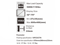 Fabricante, proveedor mayorista, soporte de montaje fijo en pared de TV de metal para interiores de 32 "-70" 50kg, superventas, soporte LED LCD