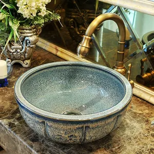中国画陶瓷绘画艺术瓷器浴室器皿水槽圆形蓝色台面上方洗手盆仿古酒店盆