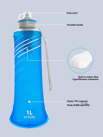 Gourde souple professionnelle en TPU léger de 650 ml et 1000 ml pour l'hydratation, idéale pour le marathon, la course à pied, la randonnée et le cyclisme