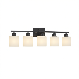 Modern Bathroom Vanity <b>Light</b> 5-<b>Light</b> Black Iron Wall Mounted Frosted <b>Glass</b> <b>Shades</b> E26 LED Warm White 3500K - Product Image 1