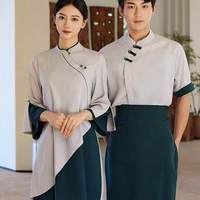Nouvelle collection Printemps-Été 2025 Billion Long Spring Summer, Série Zen Chinoise, Uniforme à col asymétrique avec boucle et motif gaufré pour personnel d'hôtel, de restauration, de service de repas chauds et de service de thé