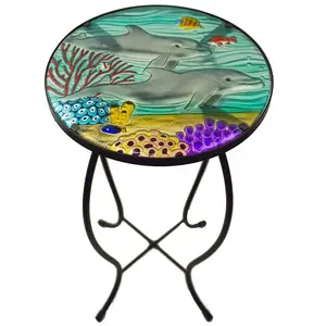 Glass Top Hand Painted Nautical Outdoor Accent Side Round Table Dolphin pattern decorative metal coffee table