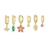 Ensemble de boucles d'oreilles pendantes tendance motif feuille d'abeille, fleurs en zircon colorées, bijoux en laiton en gros