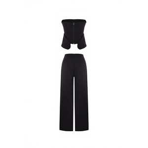 Costume pantalon en satin noir formel et décontracté avec décoration boutonnée pour femmes de bureau - Product Image 2