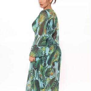 Robe longue maxi pour femme, modèle personnalisé en tissu imprimé, taille empire, manches longues, dos nu, pour soirée - Product Image 2