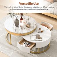 Nouveau Design Table Basse Gigogne Ronde Crème Moderne avec Tiroirs, Table Nid Circulaire Or et Blanc pour Salon