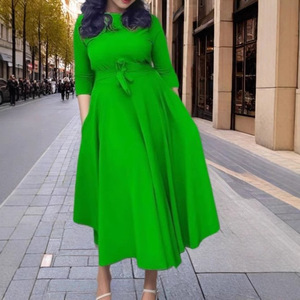 Plus Size Women's Long Flowy Dress Crew <b>Neck</b> <b>Tie</b> Waist Elegant Spring Fashion African Style - Product Image 4