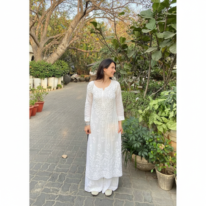 Kurti de Diseño Formal en Algodón Maslin con Bordado y Pantalón Palazzo Blanco para Mujer - Product Image 3