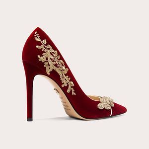 Chaussures simples à enfiler pour femme, rouges, en brocart, avec broderie de perles, à talons hauts et fins, double usage, tendance mode - Product Image 4