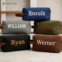 Trousse de Toilette en Toile Brodé avec Nom, Sac de Voyage Personnalisable en Toile avec Poignée en Cuir pour Hommes, Trousse à Cosmétiques Personnalisable