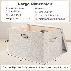 Wholesale <b>Large</b> Collapsible Stackable Beige Linen Fabric Storage <b>Bins</b> with Lids Closet Boxes Storage Organizer Container - Product Image 5