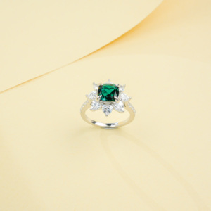 925 Sterling <b>Silver</b> Lab-Created <b>Emerald</b> <b>Ring</b> 8mm Cushion Cut Sunflower Halo Statement <b>Ring</b> - Product Image 1