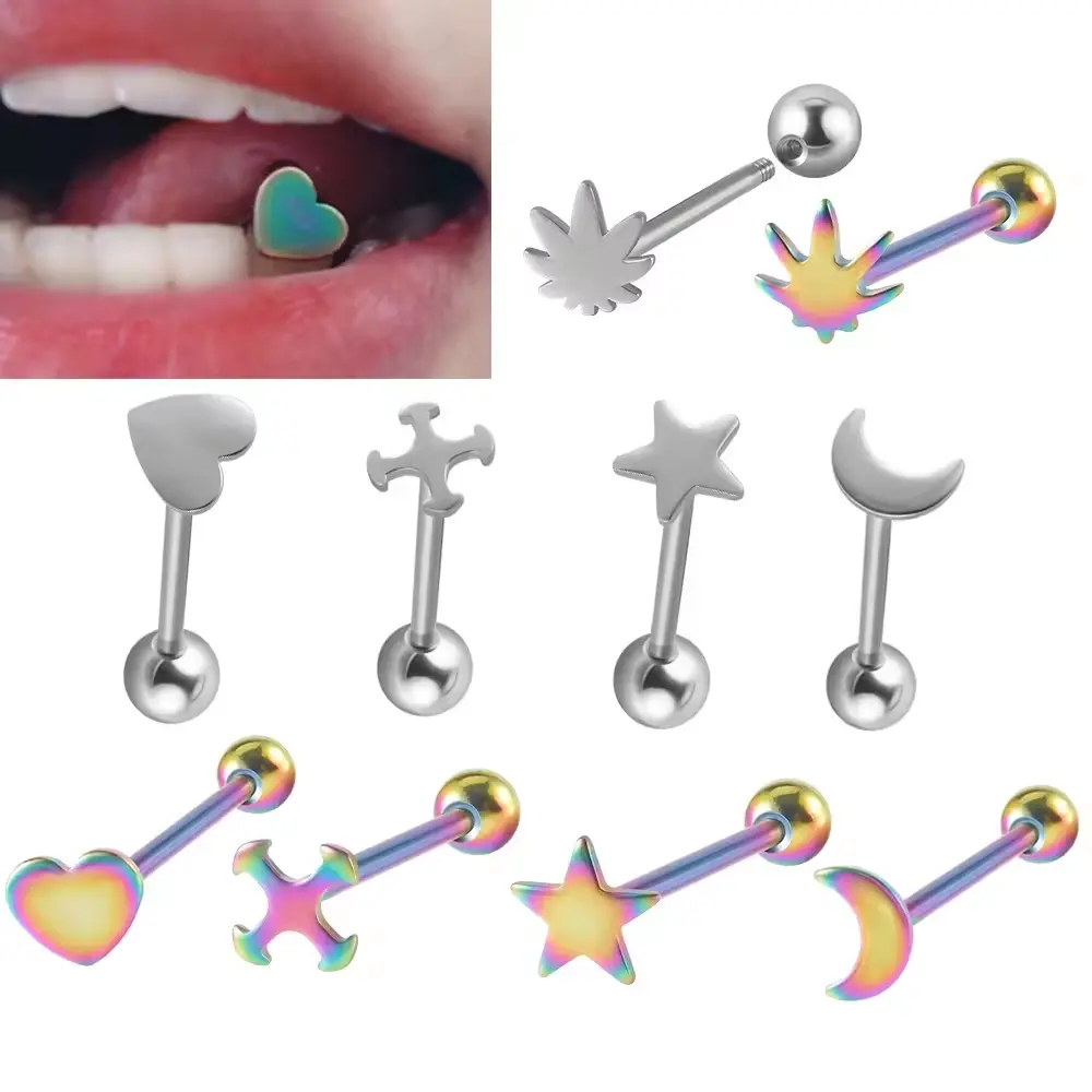 Punk Surgical Steel Silver Gold Rainbow Color Tongue Barbell Cross Heart Shape Ear Tragus Cartilage Cheek Piercing Jewelry