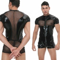 Costumes sexy pour hommes, combinaison en latex fetish, combinaison en PVC et spandex, combinaison en cuir PU avec fermeture éclair, combinaison en maille, combinaison noire