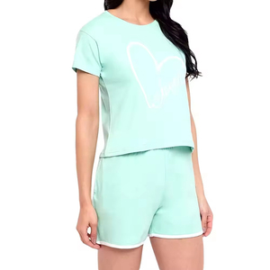 Ensemble short 2 pièces vert menthe pour femme, décontracté, col rond, haut à manches courtes, au-dessus du genou, respirant, en polyester et coton, pour l'été - Product Image 2