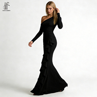 Maßgeschneidertes schwarzes One-Shoulder Meerjungfrauen-Abendkleid mit hohem Schlitz und Rüschensaum für Gala, Red Carpet & formelle Anlässe