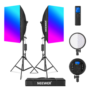 Kit d'éclairage <span class=keywords><strong>LED</strong></span> <span class=keywords><strong>RGB</strong></span> <span class=keywords><strong>Neewer</strong></span> avec télécommande 2,4G : Lot de 2 têtes de lumière <span class=keywords><strong>LED</strong></span> 3200~5600K avec boîte à lumière et support pour photographie en studio - Product Image 1