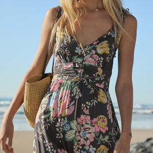 เดรสยาวผ้าลื่นสำหรับผู้หญิงเดรสแม็กซี่ลายดอกไม้สไตล์โบฮีเมีย<span class=keywords><strong>น</strong></span>แข<span class=keywords><strong>น</strong></span>กุดพิมพ์ลายดอกไม้ - Product Image 3