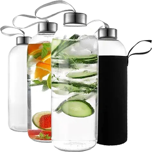Bouteille d'eau en verre borosilicate réutilisable avec logo personnalisé, couvercle en acier inoxydable et sangle de transport, 300ml 500ml 750ml 1000ml - Product Image 1