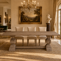 Table à manger rectangulaire extensible en bois massif, avec base en tréteaux tournés et corbeaux sculptés à la main, style luxe minimaliste, pour mobilier de villa