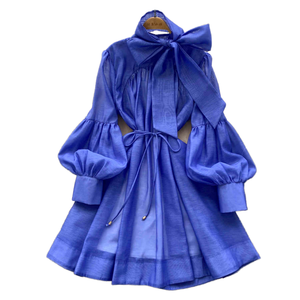 Vestido Mini Retro de Cintura Imperio con Mangas Linterna para Mujer, Cuello con Lazo, Diseño Sólido, Ecológico, Tejido Sencillo de Verano, Corte en A - Product Image 1