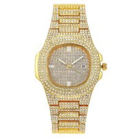 Montre à quartz M0715 avec boîtier en alliage, design entièrement serti de diamants, en acier inoxydable, lumineuse, étanche, cadran en verre, pour affaires