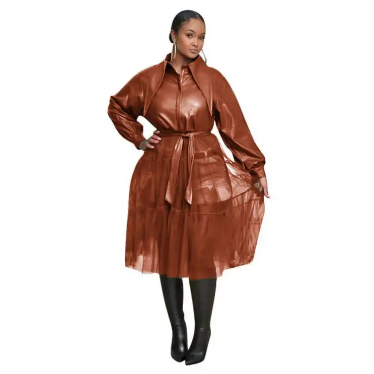 Women's spring and fall flocking soft leather mesh stitching jacket coat trench coat