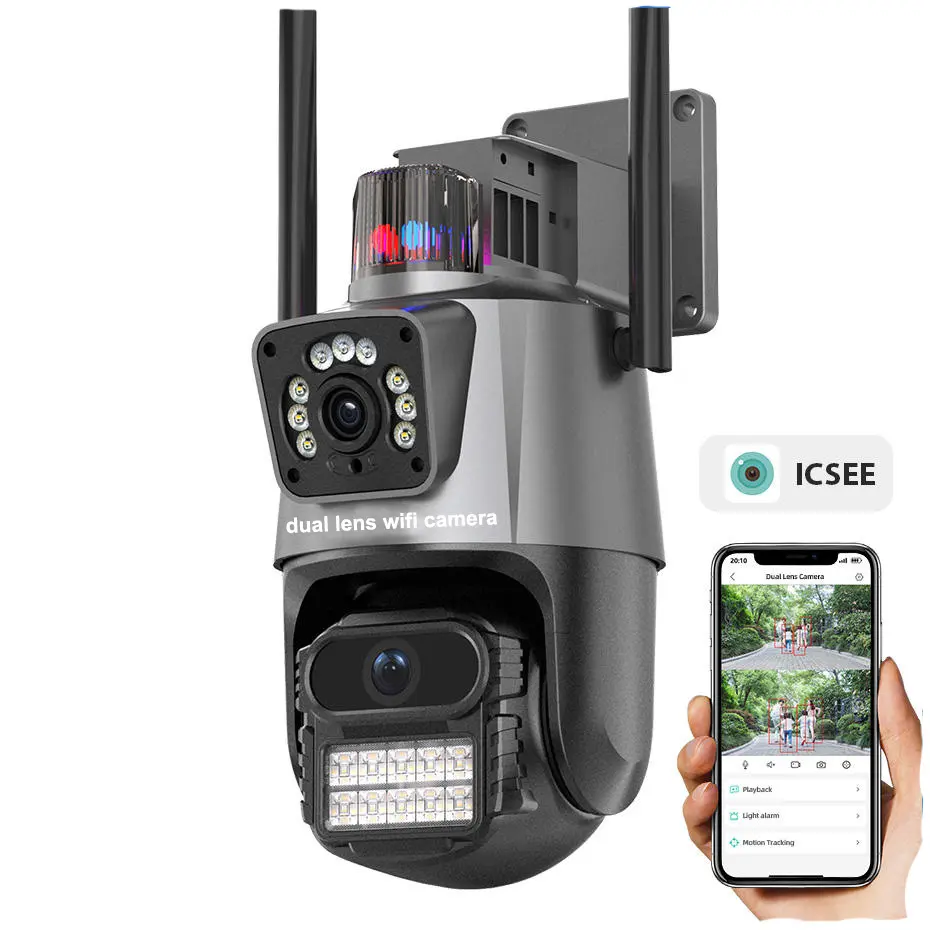 Câmera CCTV IP PTZ de segurança sem fio iCSee 2K 8X Zoom 6MP WiFi Lente dupla externa com luz de alarme de rastreamento AI Aplicação interna